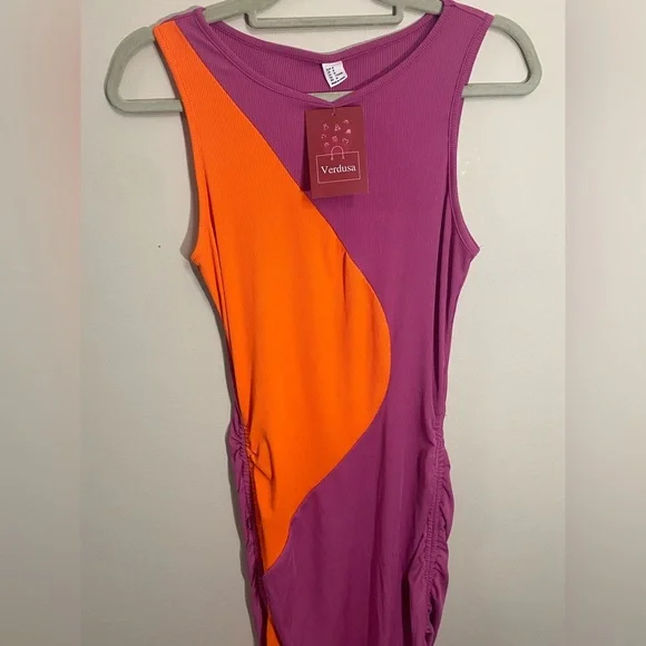 NWT Verdusa Women's Color Block Drawstring Ruched Ribbed Bodycon Dress .Size M - Picture 4 of 10